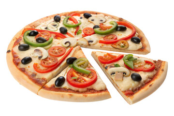 Vegetarian Pizza with Bell Peppers, Mushrooms and Olives Isolated on white background.