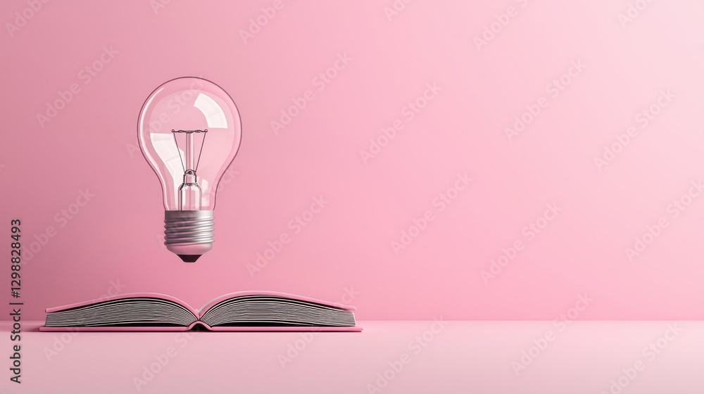 Poster open book with floating light bulb above it symbolizes creativity and knowledge. pink background add