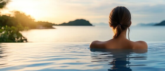 Woman Relaxing in an Infinity Pool at Sunset