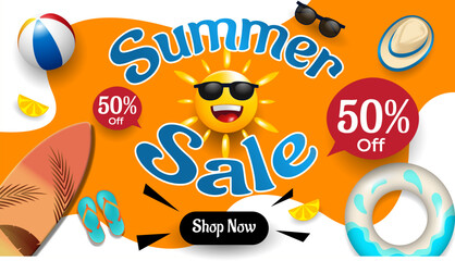 Summer sale banner design. 3d summer element with abstract background