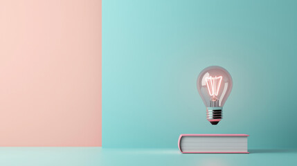 light bulb above book symbolizes creativity and knowledge in minimalist setting. pastel colors create calming atmosphere, enhancing concept of inspiration