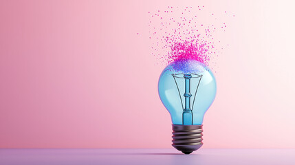 futuristic light bulb with semi transparent design, emitting colorful particles, symbolizes creativity and innovation. vibrant pink particles enhance visual appeal