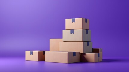 Obraz premium Stacks of neatly arranged yellow-orange delivery boxes against a vibrant purple background, creating a modern and minimalist aesthetic. The scene highlights the concept of shipping, packaging