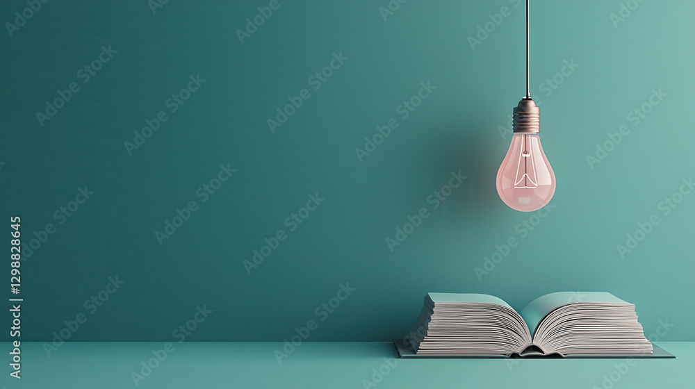 Poster open book rests on teal surface, illuminated by hanging light bulb, creating serene and inspiring at