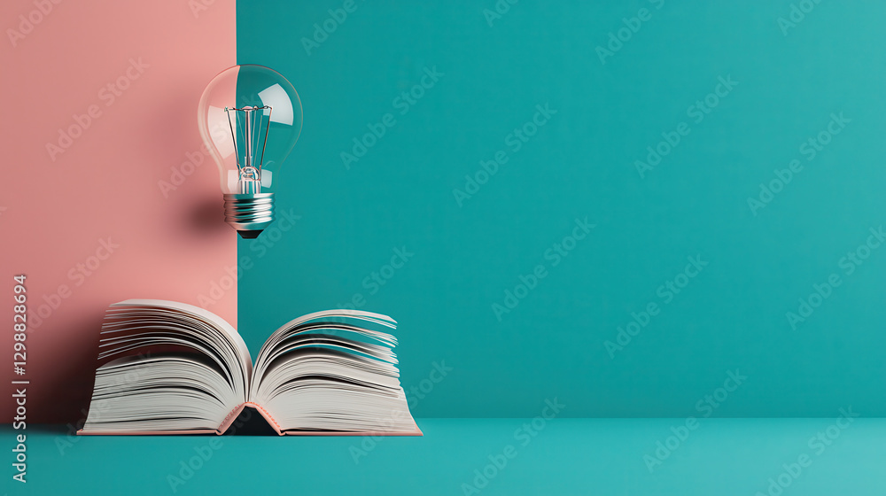Poster glowing light bulb above open book on colorful background symbolizes creativity and knowledge. this 