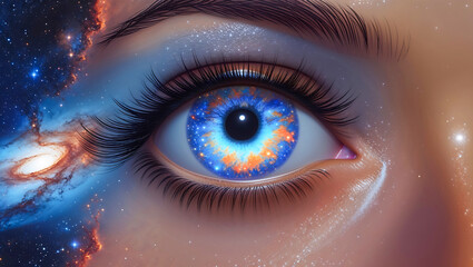 Fototapeta premium Close-Up of Human Eye with Galaxy-Like Blue and Orange Detailed Iris