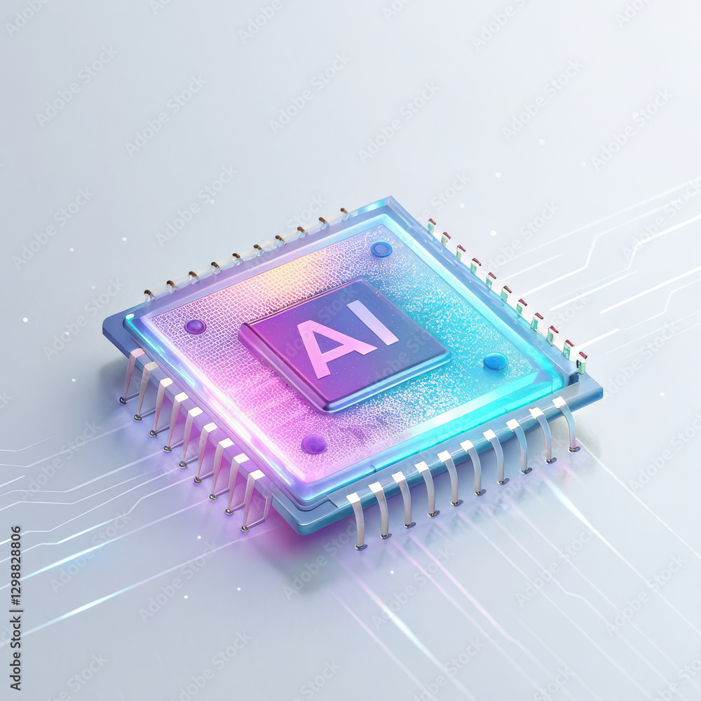 Poster futuristic holographic illustration of microchip with ai technology, showcasing vibrant colors and i
