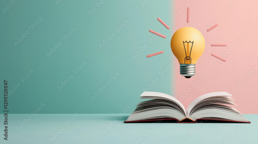 Poster open book with light bulb above it, symbolizing ideas and creativity. background features soft paste