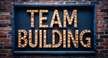 Fototapeta premium team building lettering on a signage in brick wall dark background