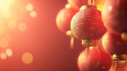 Obraz premium Festive Red Chinese Lanterns Hanging with Golden Bokeh Lights Backdrop