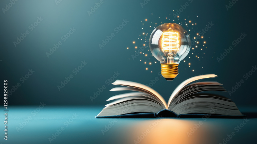 Poster open book with glowing light bulb hovering above it, symbolizing creativity and knowledge. scene is 