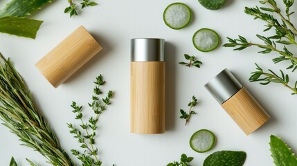 Bamboo and metal beauty packaging next to fresh aloe and herbs