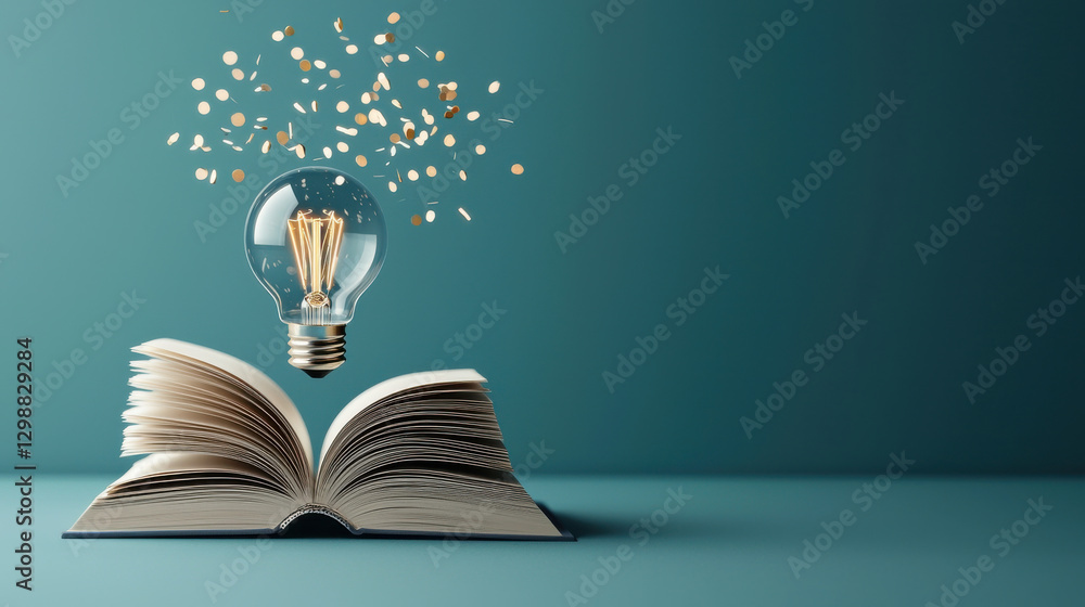 Poster glowing light bulb hovers above open book, symbolizing creativity and knowledge. scene is enhanced b