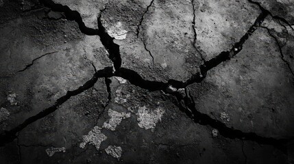 Cracked dark surface showing significant fissures and decay