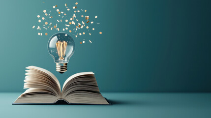 glowing light bulb hovers above open book, symbolizing creativity and knowledge. scene is enhanced by floating golden particles, creating magical atmosphere