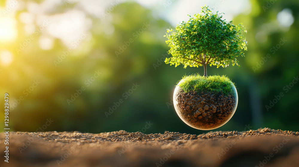 Poster conceptual image of floating earth half sphere with tree and grass, symbolizing environmental sustai