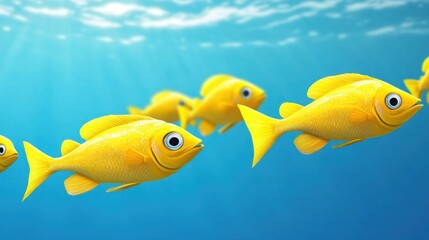 Naklejka premium Bright 3D cartoon school of fish swimming together in front of a smooth ocean blue background