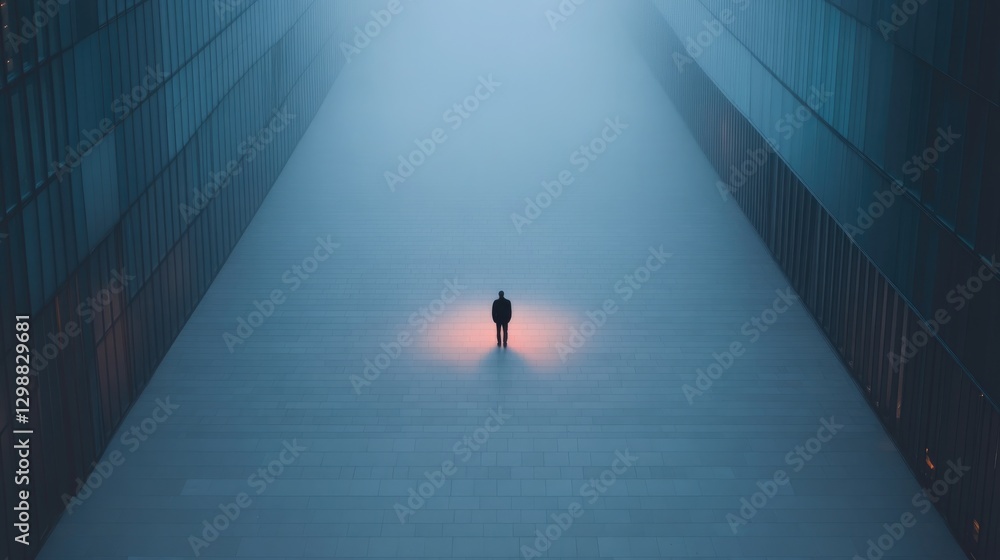 Poster aerial view of lone figure standing in alley illuminated only by distant streetlight creating dramat