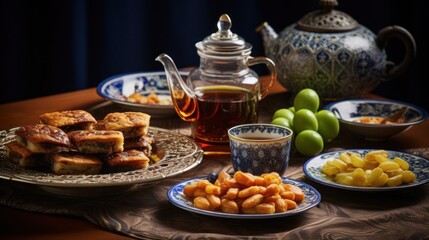 Elegant arrangement featuring middle eastern sweets and tea service