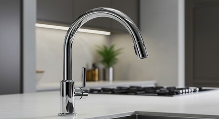 Sleek chrome faucet gleams brightly under soft kitchen lighting. AI Generated
