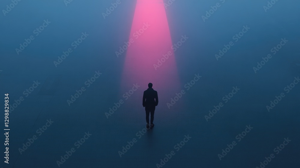 Poster aerial view of lone figure standing in alley illuminated only by distant streetlight creating dramat