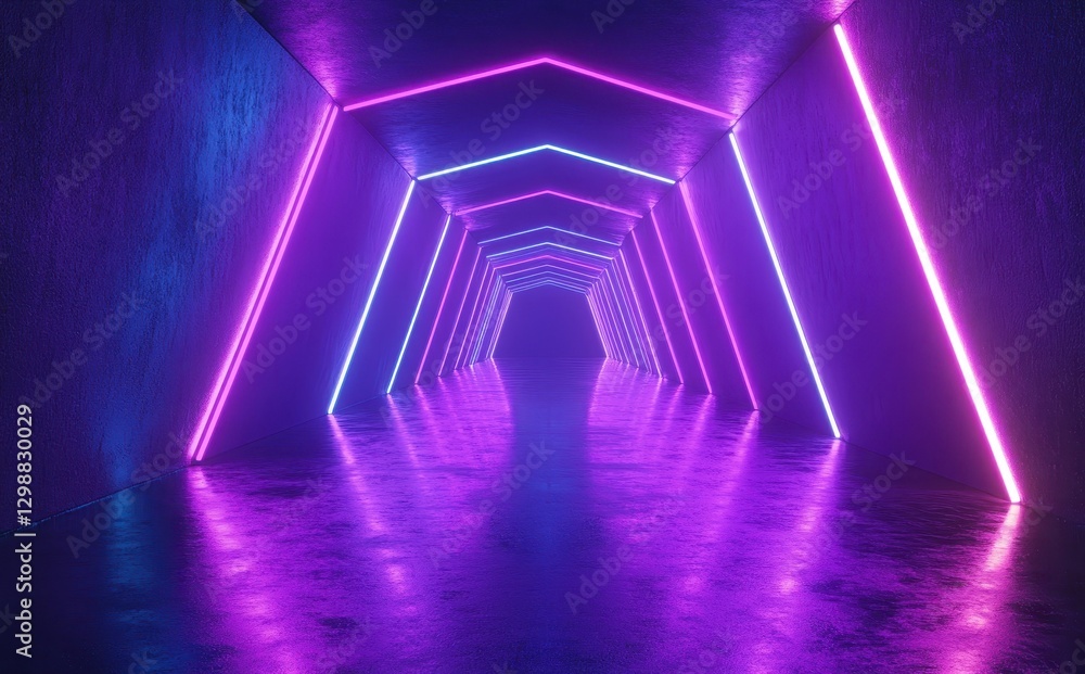 Poster vibrant neon-lit corridor with angled lighted lines creating a futuristic pathway, reflecting on a s