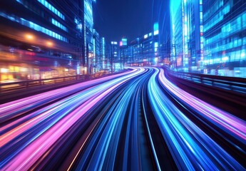 Fototapeta premium Vibrant Nightscape of Urban City with Motion Blur and Colorful Lights from Train Tracks in a Modern Metropolis