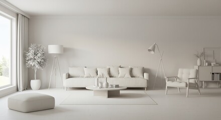 Serene monochrome living room subtly lit shows calming minimalist design. AI Generated