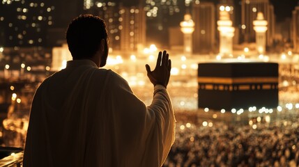 Obraz premium Mecca Pilgrimage at Night Holy Kaaba Muslim Faith