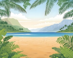 Serene Tropical Beach Landscape, Palm Trees, Ocean, Mountains