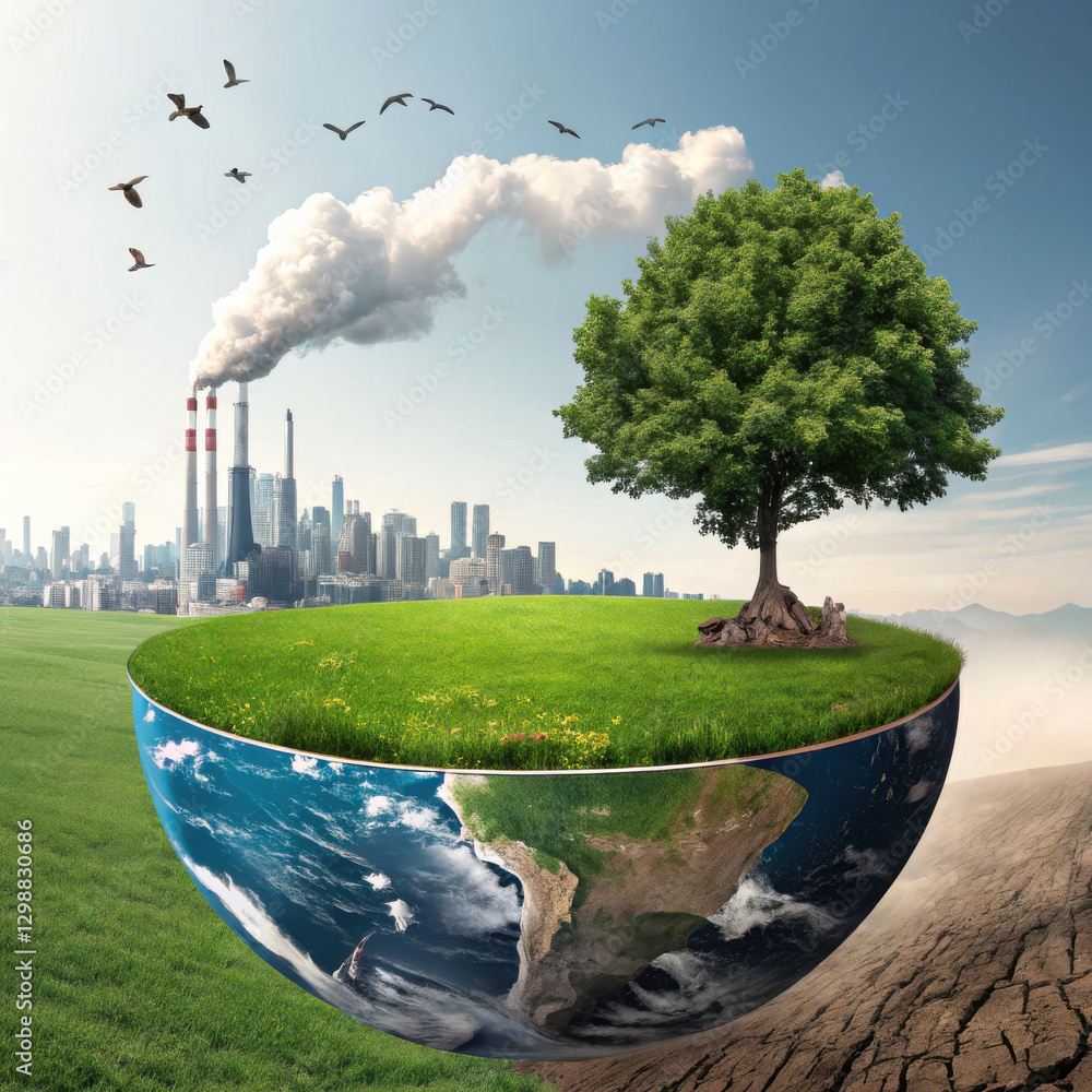 Poster surreal conceptual image depicting balance between nature and industry, showcasing tree on floating 