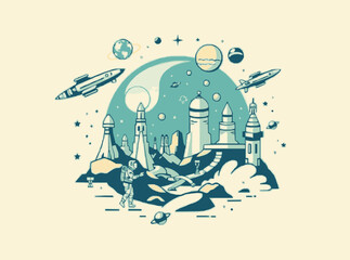 Creative Space Colony Design with Astronauts and Spaceships