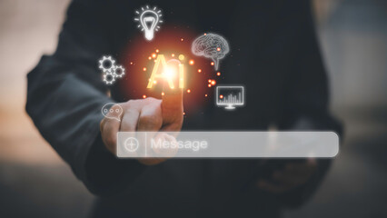 Chatbot Chat with AI, Artificial Intelligence. man using technology smart robot AI, artificial intelligence by enter command prompt for generates something, Futuristic technology transformation.