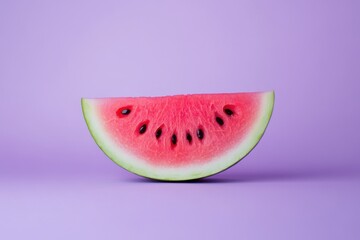 A single wedge of fresh watermelon against a purple background