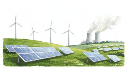 Watercolor Cartoon Landscape with Energy Sources Featuring Solar Panels Wind Turbines and Power Plant - A colorful watercolor cartoon illustrating renewable energy sources, showcasing solar panels