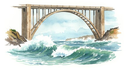 Watercolor Cartoon of a Sturdy Bridge Over Turbulent Waves with a White Background - A vibrant watercolor cartoon depicting a strong bridge spanning turbulent ocean waves
