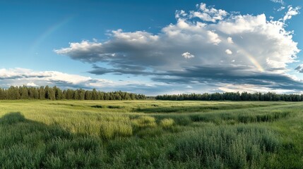 Obraz premium A vivid rainbow stretches across a green meadow and dense forest under a clear blue sky following a refreshing rainfall