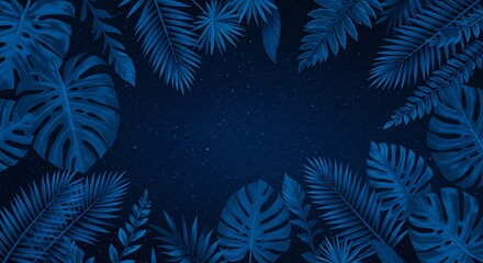 Deep Blue Tropical Leaves Frame Background. AI Generated