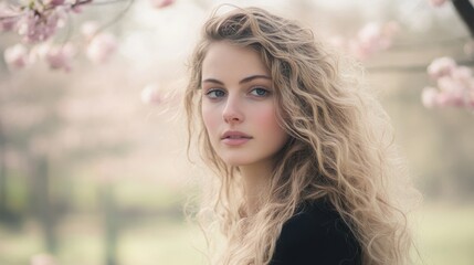 Fototapeta premium Young woman with curly blonde hair stands amidst blooming sakura trees, embodying serenity and natural beauty.