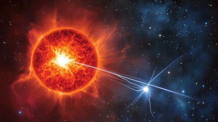 An artistic rendering of a neutron star emitting beams of radiation, illustrating its intense magnetic field and rapid rotation.