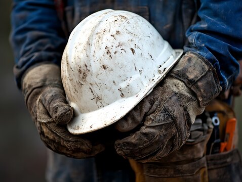 A worker holds a hard hat with dirty work gloves on display