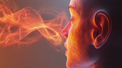 Person inhaling fiery energy, abstract art