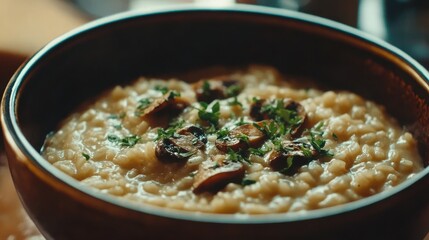 Bowl of Creamy Mushroom Risotto with Herbs