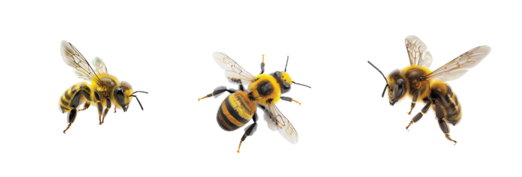 Three bees displaying unique patterns and poses with transparent wings on different sides