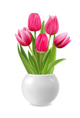 Bouquet of pink tulips in white ceramic vase on white background.