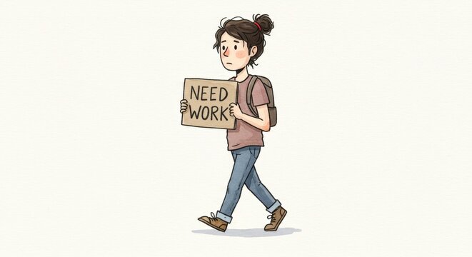 A person walks holding a sign that says NEED WORK in a light hearted illustrated - This watercolor cartoon shows a person expressing the challenge of job searching. Themes include resilience, hope