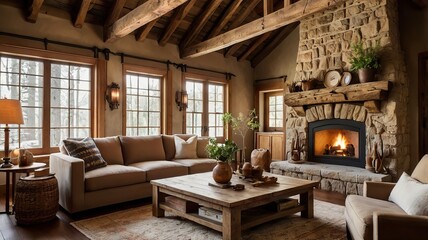 Warm and cozy living room with a crackling fireplace, rustic wooden beams, and soft, earthy tones