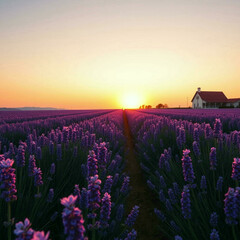  "Lavender Field at Sunset with Rustic Farmhouse"