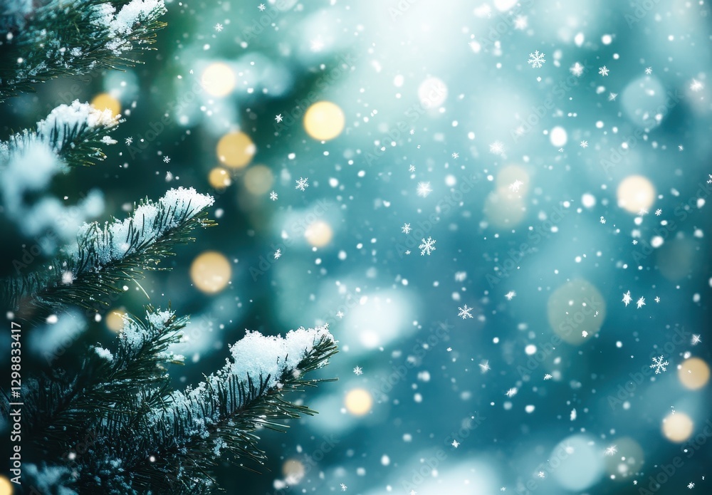 Poster winter wonderland scene with snow falling on pine trees and soft bokeh background creating a magical