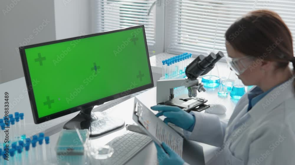 Aufkleber A scientist analyzes samples with a hightech microscope in a lab, using advanced techniques for thorough research and crucial results to advance scientific progress in their field